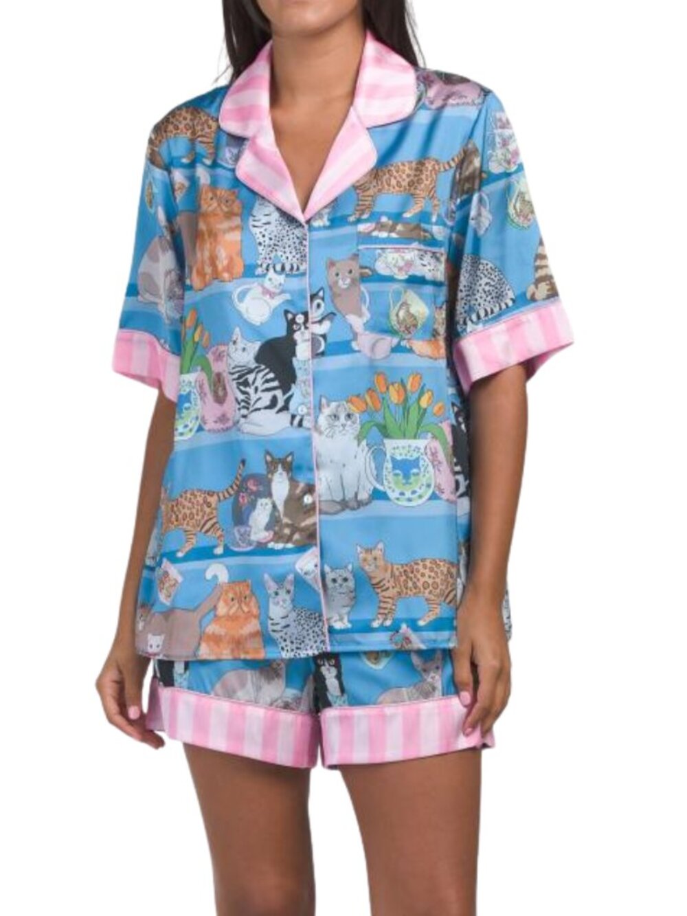 Karen Mabon Satin Cat Pajama Set Women Blue Pink Cat Print Short Sleeve Shorts